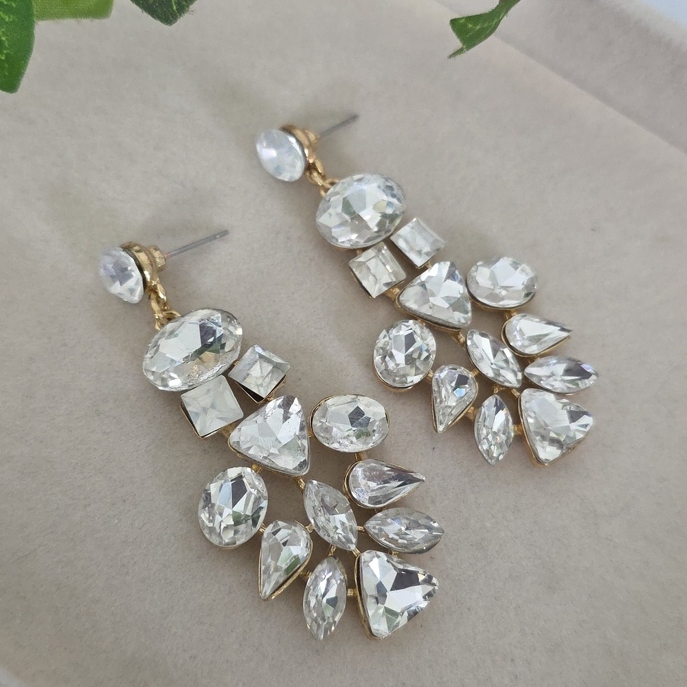 Statement Gold Clear Rhinestone Geometric Dangle Earrings
